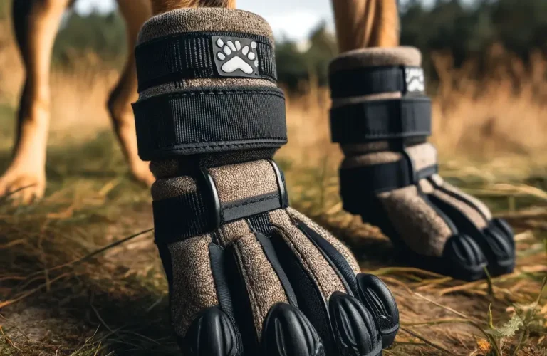 Ruffwear-Grip-Trex-dog-boots-shown-on-a-dogs-paws-in-an-outdoor-setting